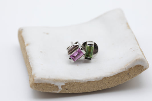 Tara Emerald Cut Sapphire Studs - Blue & Pink
